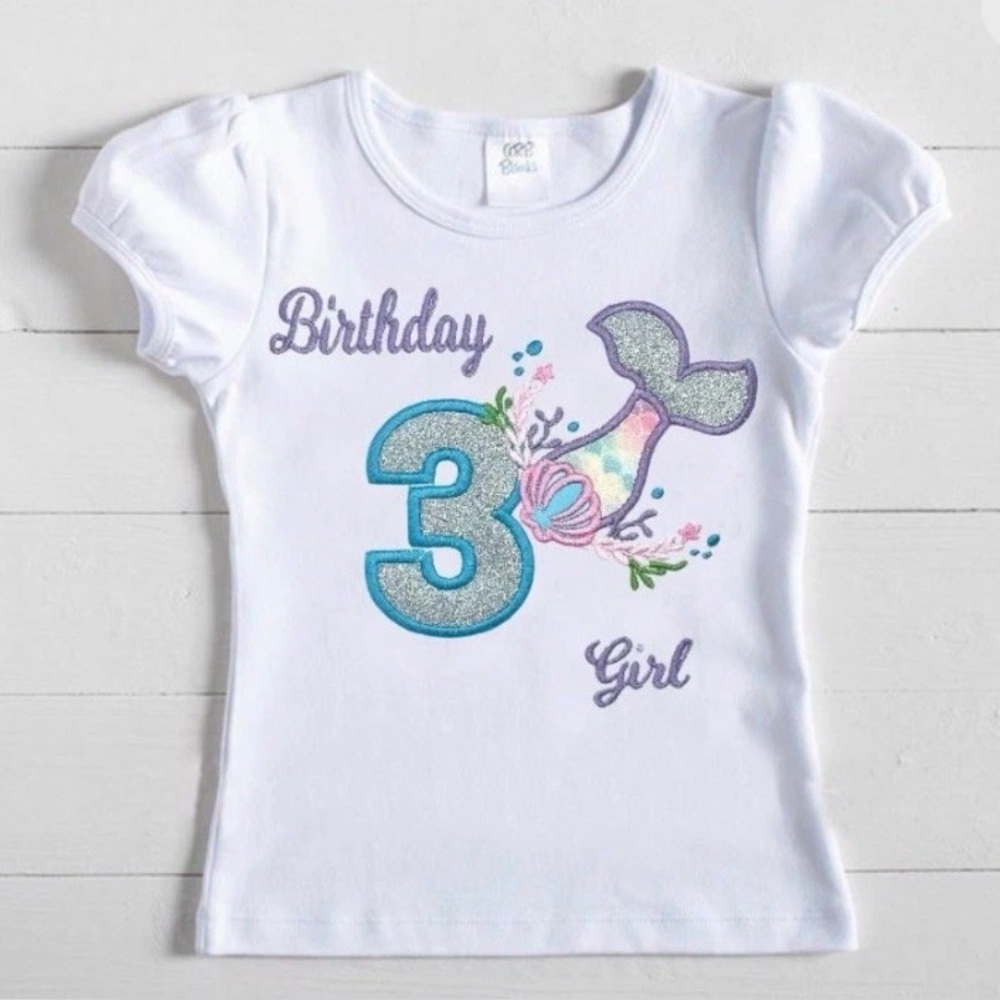Girls 3rd Birthday Mermaid Inspired Embroidered Birthday Tee 3T